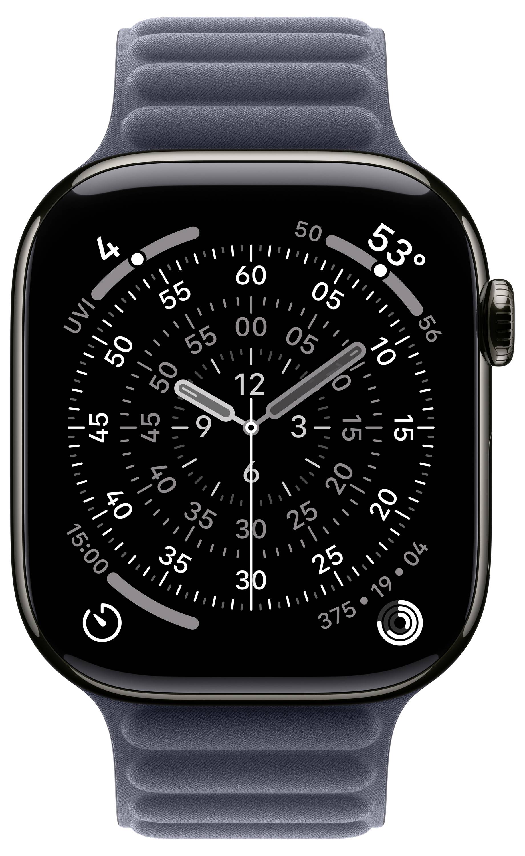 Eine Smartwatch mit einem analogen Zifferblatt, schwarzem Rand und blauem Armband. Das Display zeigt die Uhrzeit, Temperatur (53°), Datum (4. April) und Aktivitätskreise am unteren Rand.