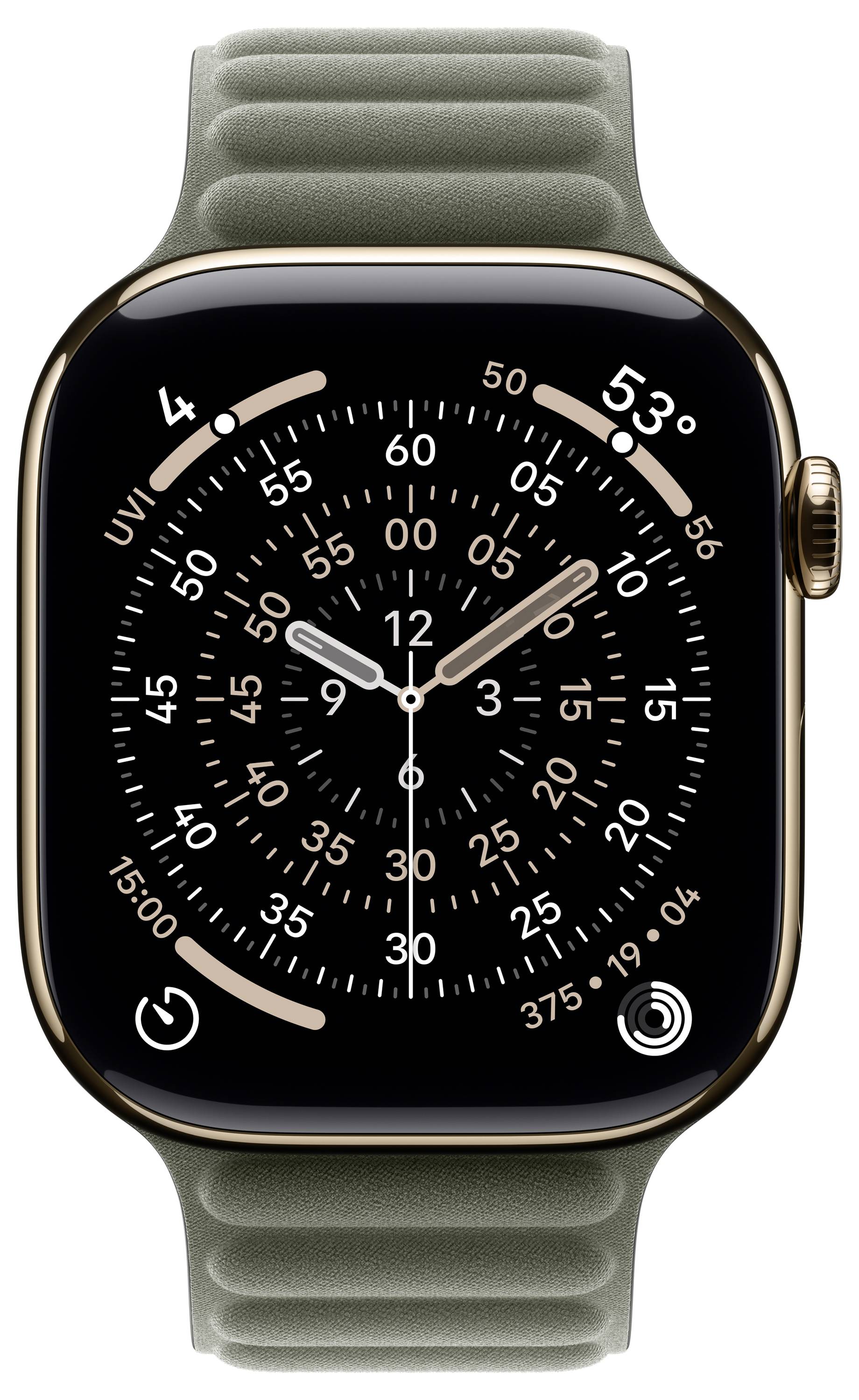 Smartwatch mit dunklem Display, das eine analoge Uhr zeigt, UV-Index bei 4, Schrittzähler bei 375, Temperatur bei 11,7°C, grünes Armband.