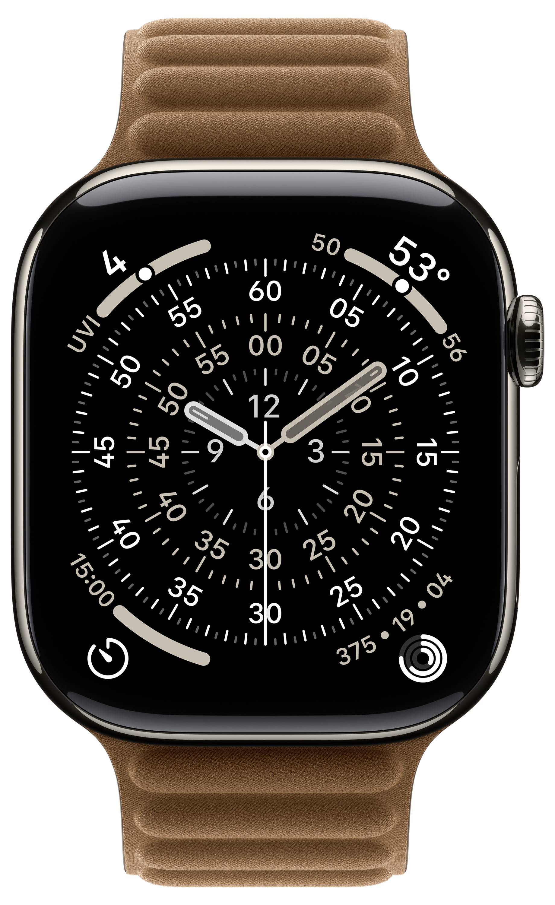 Eine Smartwatch mit einem analogen Zifferblatt, das mehrere Anzeigen zeigt, die die Uhrzeit, Temperatur von 53 Grad und Aktivitätsmetriken darstellen. Armband aus braunem Leder.