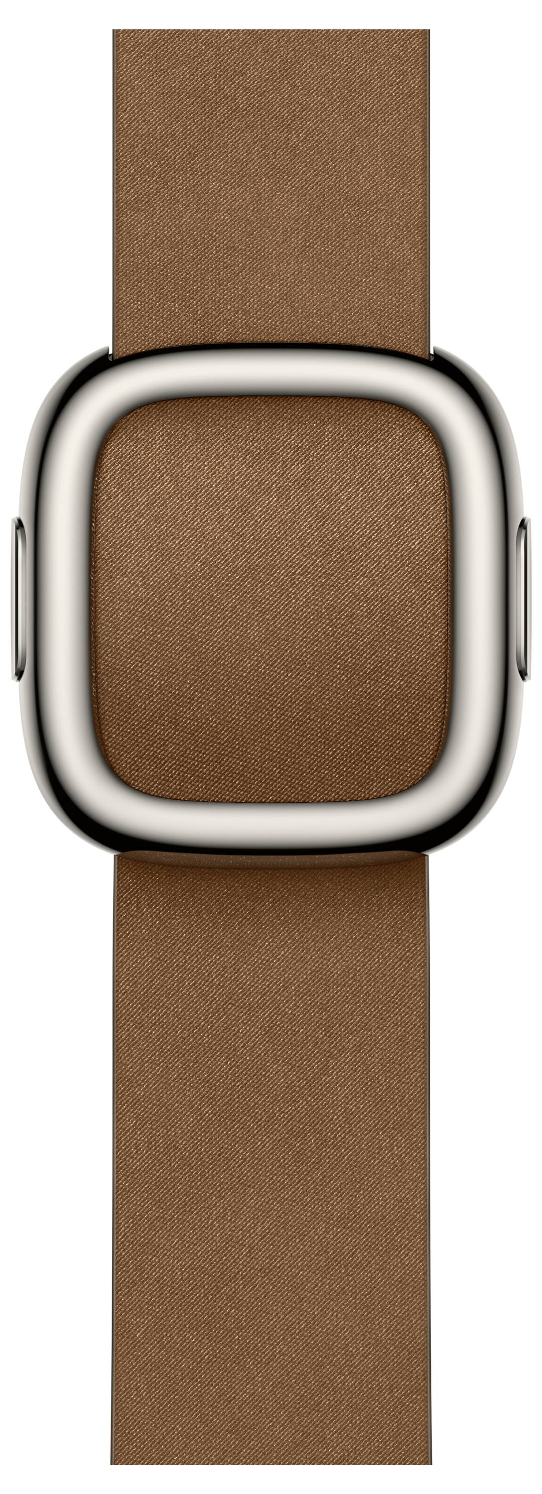 Eine stilvolle Smartwatch mit einem quadratischen Metallrahmen und einem braunen Lederarmband.