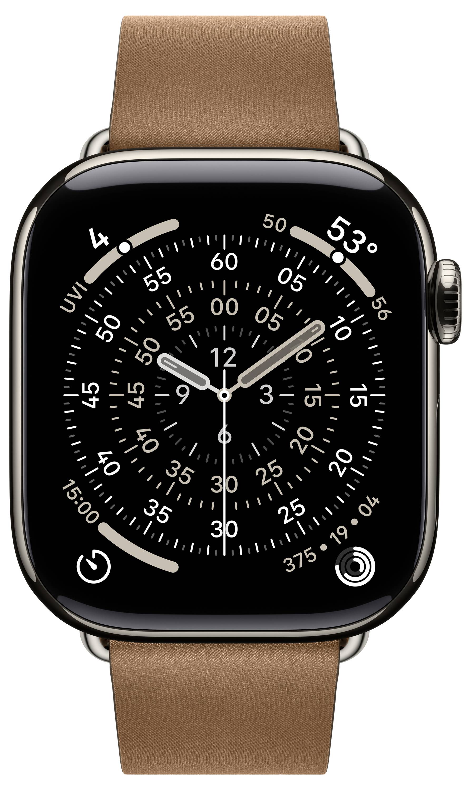 Smartwatch mit einem braunen Lederarmband, mit einem analogen Zifferblatt mit detaillierten Zeitmarkierungen und einem digitalen Display, das '53°' anzeigt.