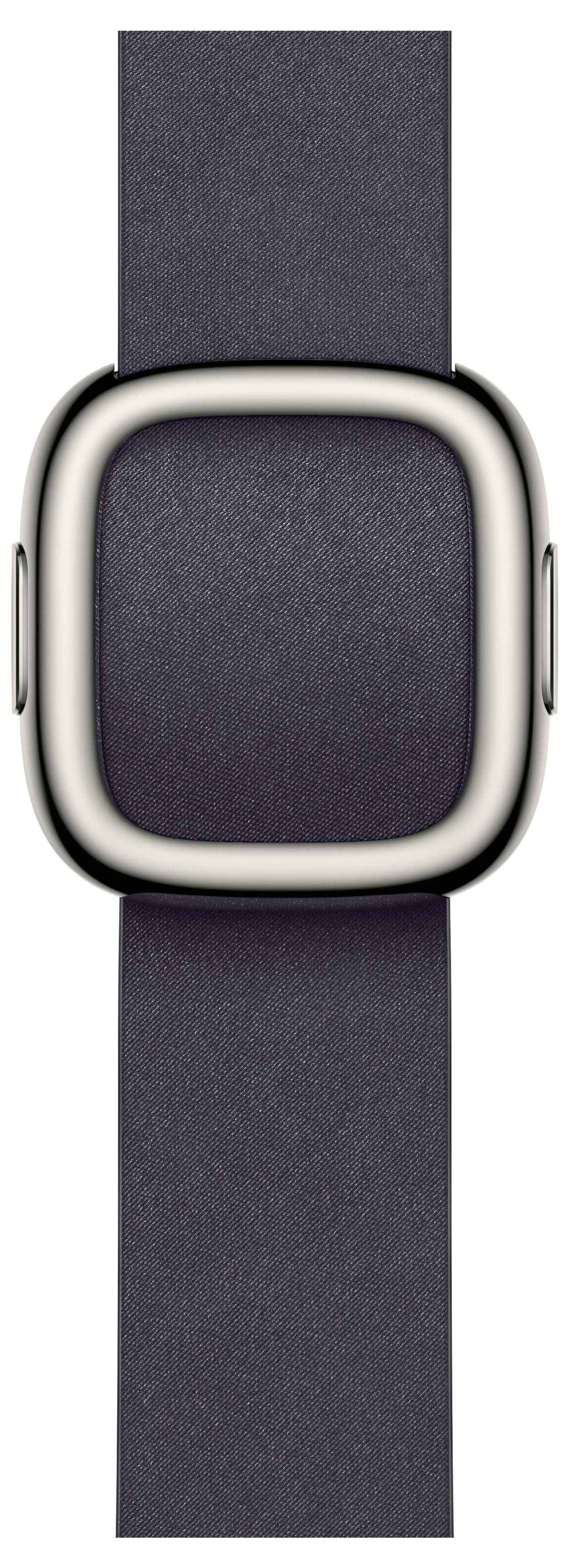 Eine schlanke, moderne Smartwatch mit einem quadratischen, silbernen Rahmen und einem dunklen Armband, von oben dargestellt.