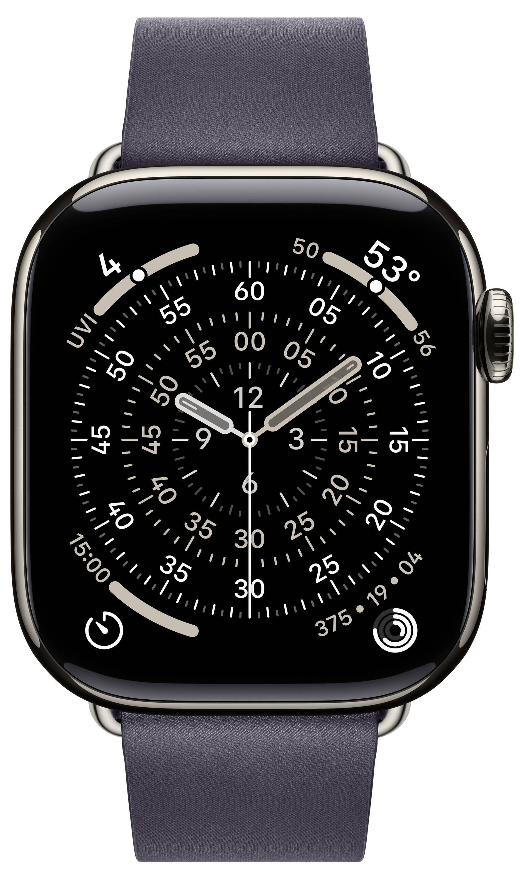 Smartwatch, die ein analoges Zifferblatt mit Stunden-, Minuten- und Sekundenzeigern zeigt, umgeben von digitalen Ziffern und einem Wetter-Widget.