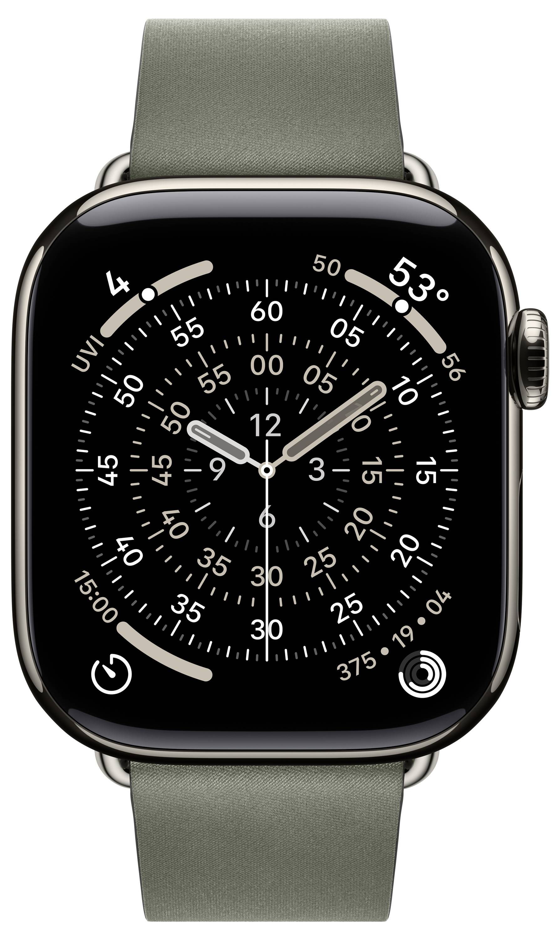 Eine Smartwatch mit einem grauen Armband, die ein analoges Zifferblatt mit zusätzlichen kleinen Zifferblättern und Anzeigen zeigt.