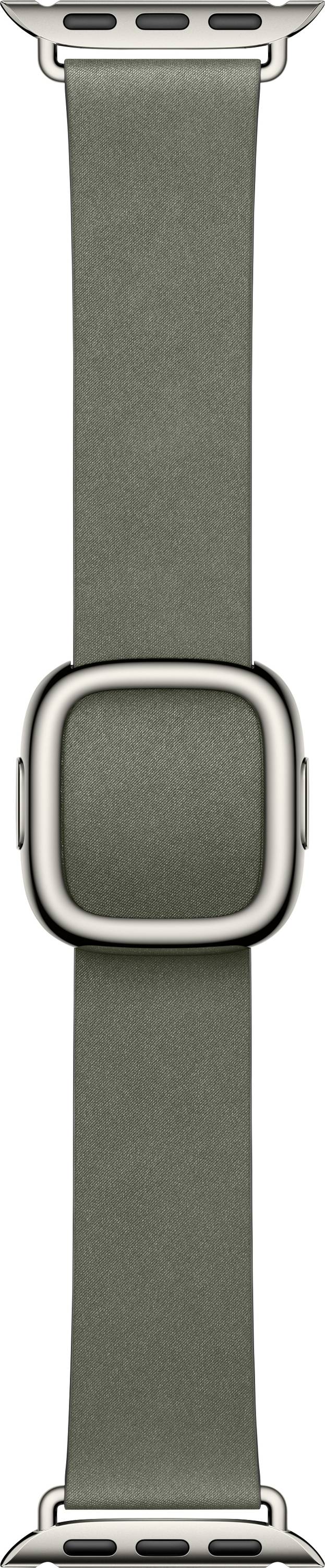 Ein salbeigrünes Uhrenarmband mit Edelstahlverbindern und Schnallenverschluss wird vertikal vor einem weißen Hintergrund präsentiert.