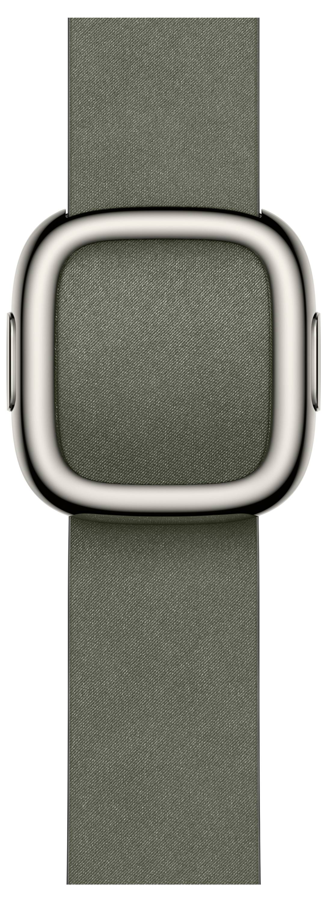 Eine Smartwatch mit einem quadratischen metallischen Rahmen und einem grünen Lederarmband, von oben betrachtet, ohne Anzeige von Gesichts- oder Displaydetails.