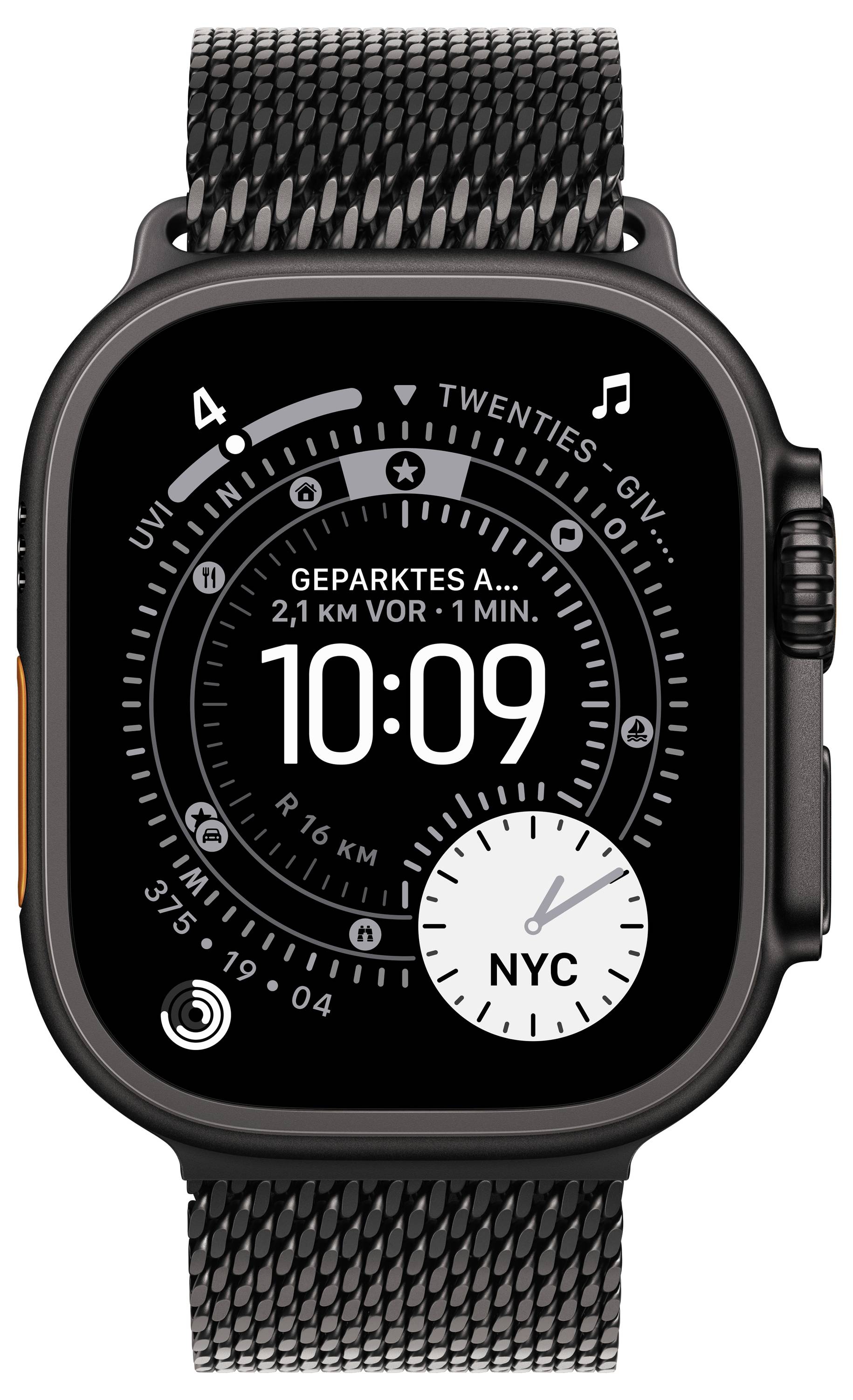 Eine Smartwatch, die die Zeit als 10:09 anzeigt, mit einem Kompasstacho, der auf 'NYC' zeigt, und einem Text auf Deutsch über Entfernung, in einem schwarzen Metallgehäuse mit einem Mesharmband.