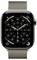 Eine Smartwatch, die ein analoges Zifferblatt mit Stunden-, Minuten- und Sekundenzeigern anzeigt. Der Hintergrund ist schwarz mit weißen Zahlen und Markierungen.