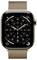 Eine goldene Smartwatch mit einer runden Analoganzeige zeigt die Zeit 10:09. Das Armband ist aus einem goldfarbenen Mesh-Design.