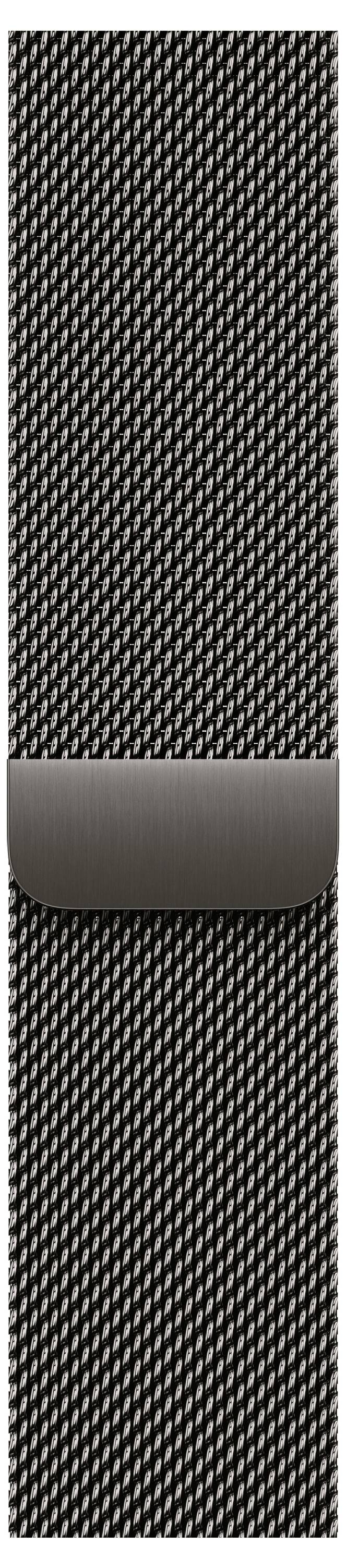 Eine Nahaufnahme eines schwarzen gewebten Riemens mit einem metallischen Verbinder, der üblicherweise für Armbanduhren oder Smartwatches verwendet wird, wobei Textur und Muster sichtbar sind.