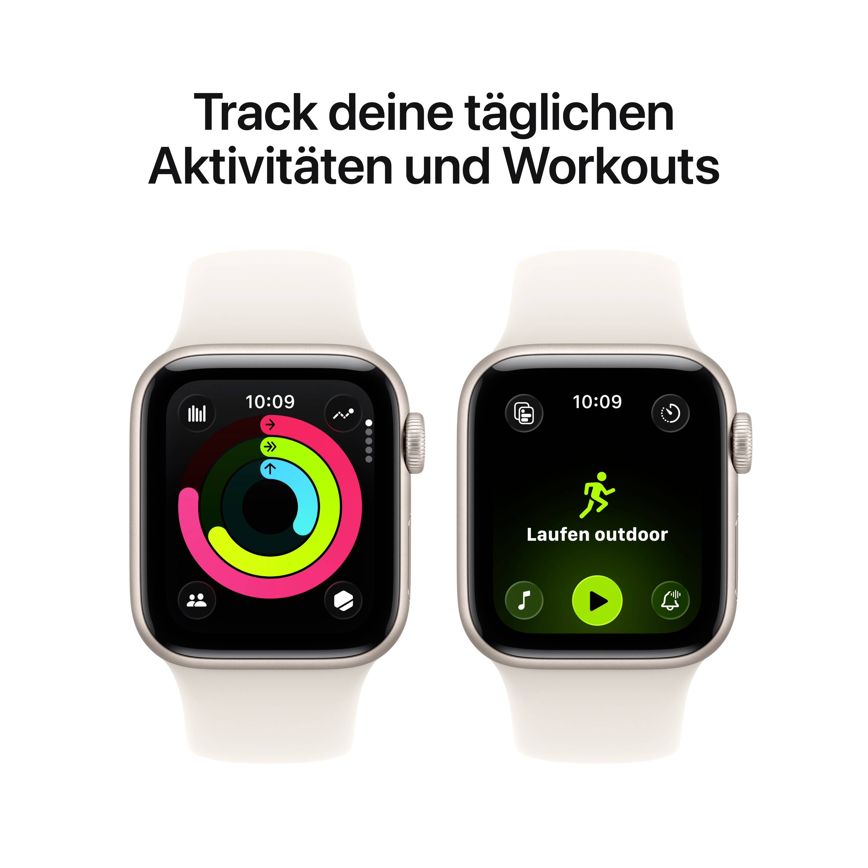 Zwei Smartwatch-Bildschirme zeigen Aktivitätenringe und 'Laufen outdoor', mit der Aufforderung: 'Track deine täglichen Aktivitäten und Workouts'.