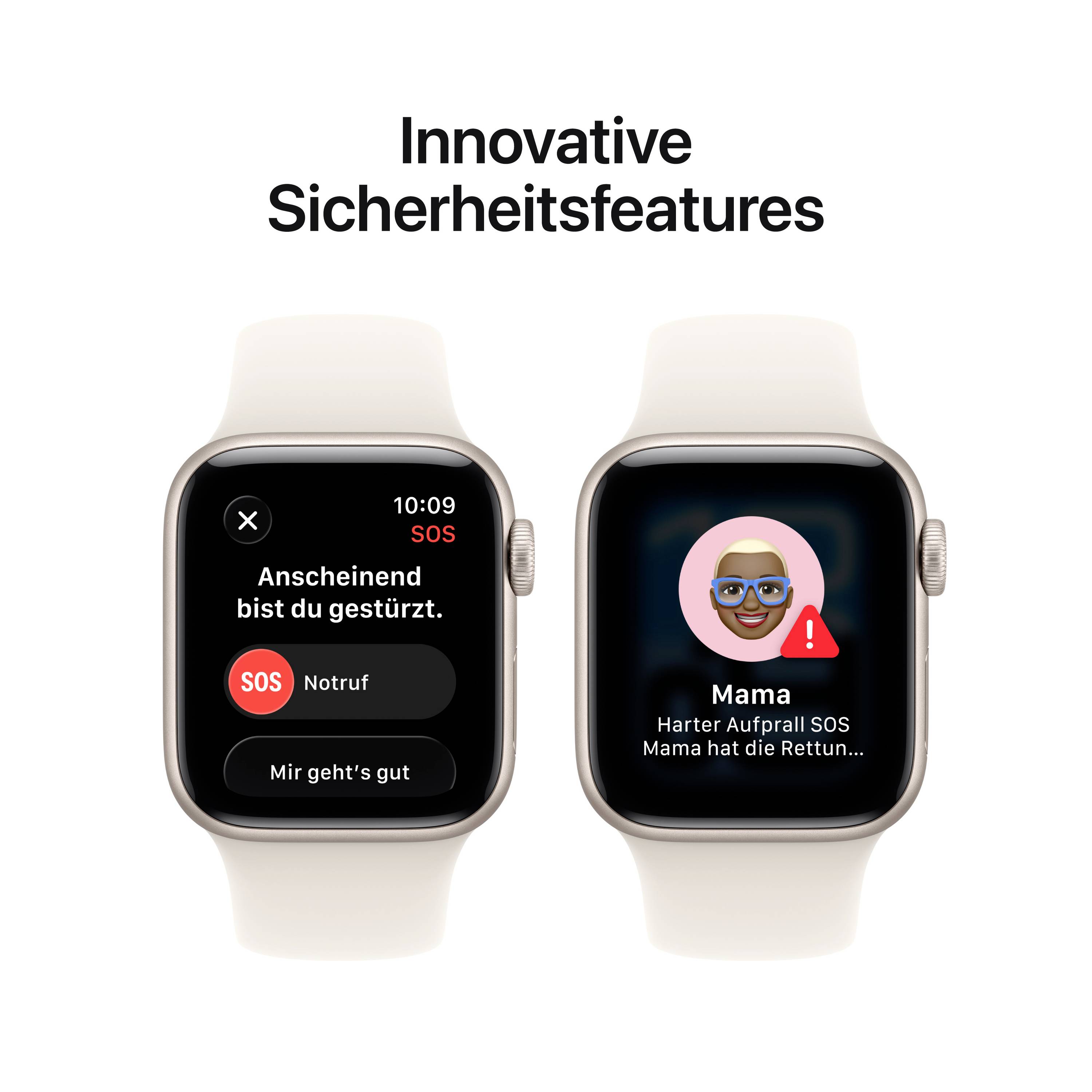 Eine Smartwatch zeigt SOS-Benachrichtigungen für Sturzdetektion. Links: Meldung 'Anscheinend bist du gestürzt'. Rechts: Kontaktmeldung an 'Mama'.