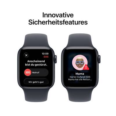 Zwei Smartwatch-Bildschirme: Links mit Sturzbenachrichtigung und SOS-Option, rechts zeigt eine Nachricht an 'Mama' mit Rettungsbenachrichtigung.