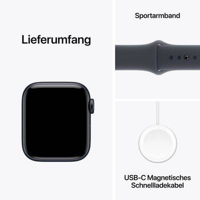 Lieferumfang der Smartwatch: schwarzes Sportarmband und USB-C magnetisches Schnellladekabel.
