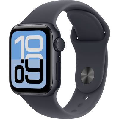 Eine Smartwatch mit einem schwarzen Armband zeigt die Uhrzeit '10:09' in großen, weißen und blauen digitalen Ziffern auf dem Bildschirm.