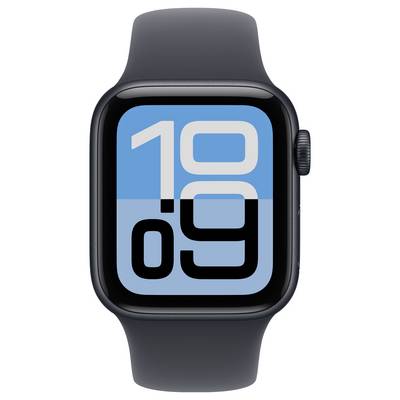 Eine Smartwatch mit einer digitalen Anzeige zeigt die Zeit '10:09'. Der Anzeigehintergrund ist blau mit großen, fetten Zahlen in Weiß und Schwarz.