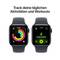 Zwei Smartwatches. Links: Aktivitätsringe und Uhrzeit. Rechts: 'Laufen outdoor'-App geöffnet, ebenfalls mit Uhrzeit. Text oben: 'Track deine täglichen Aktivitäten und Workouts'.