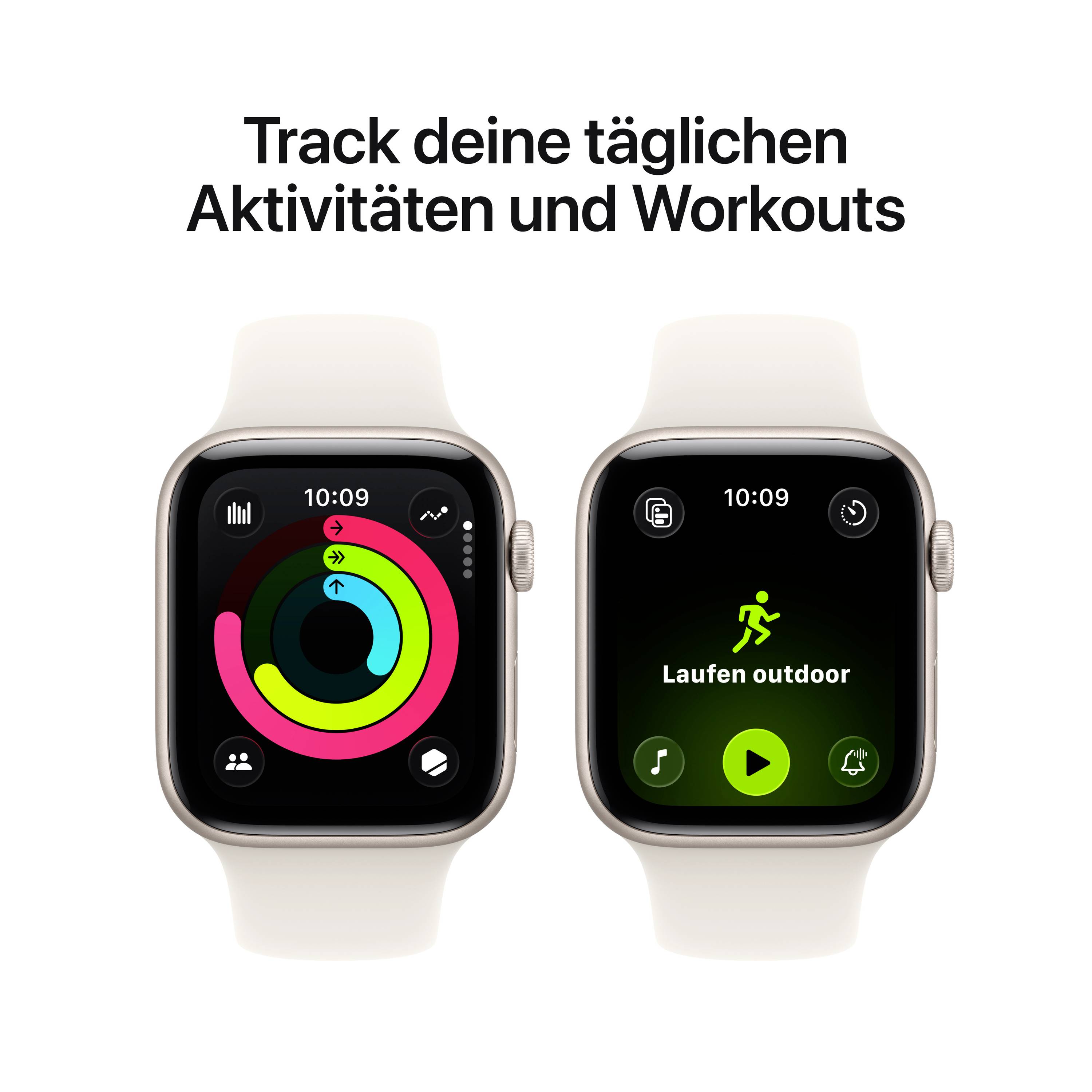 Zwei Smartwatch-Displays: Links zeigt Aktivitätsringe, rechts zeigt 'Laufen outdoor'. Text oben: 'Track deine täglichen Aktivitäten und Workouts'.