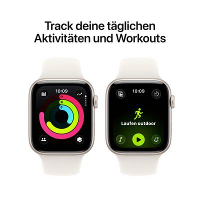 Zwei Smartwatch-Displays: Links zeigt Aktivitätsringe, rechts zeigt 'Laufen outdoor'. Text oben: 'Track deine täglichen Aktivitäten und Workouts'.