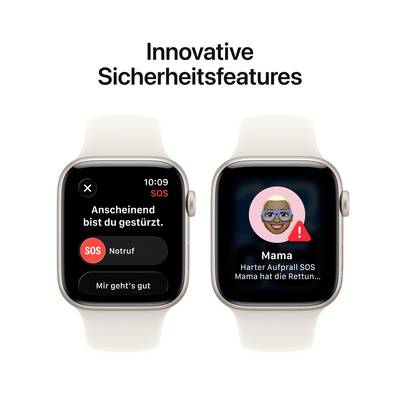 Zwei Smartwatch-Bildschirme. Links: 'Anscheinend bist du gestürzt.' mit SOS-Option. Rechts: Animation mit 'Mama hat die Rettungsdienste alarmiert.'