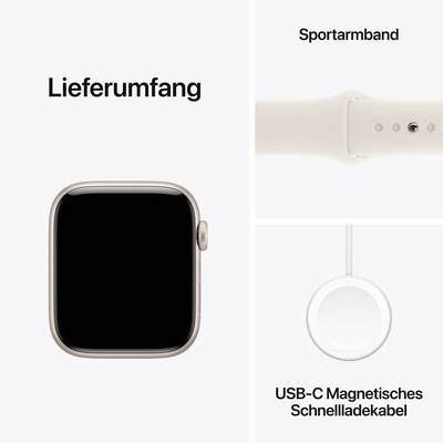 Lieferumfang einer Smartwatch: abgebildet sind die Smartwatch selbst, ein Sportarmband und ein USB-C Magnetladekabel.