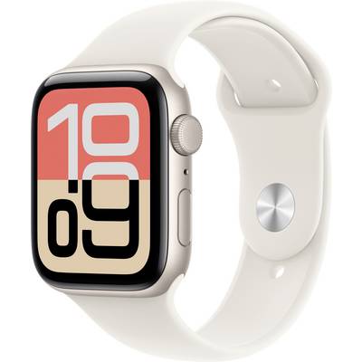 Smartwatch mit einem cremefarbenen Band und digitalem Display, das die Uhrzeit 10:09 zeigt, mit großen, fetten Ziffern in Rot und Schwarz.
