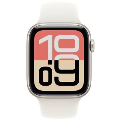 Eine Smartwatch, die die Uhrzeit '10:09' in großen, fetten Zahlen auf einem bunten digitalen Zifferblatt mit einem beige und roten Design anzeigt.