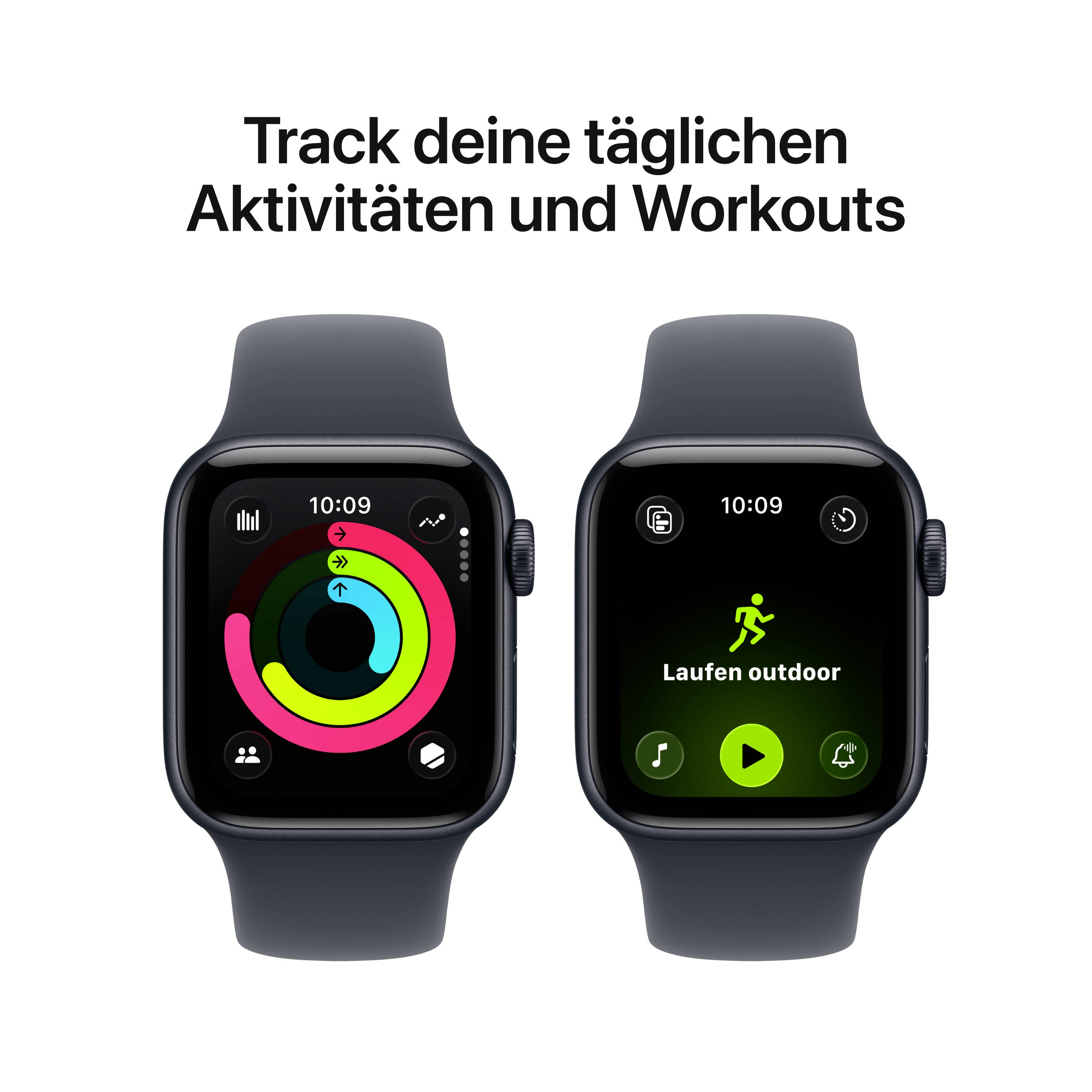 Zwei Smartwatches zeigen Fitness-Apps mit Aktivitätenringen und Outdoor-Laufanzeige. Text oben: 'Track deine täglichen Aktivitäten und Workouts.'