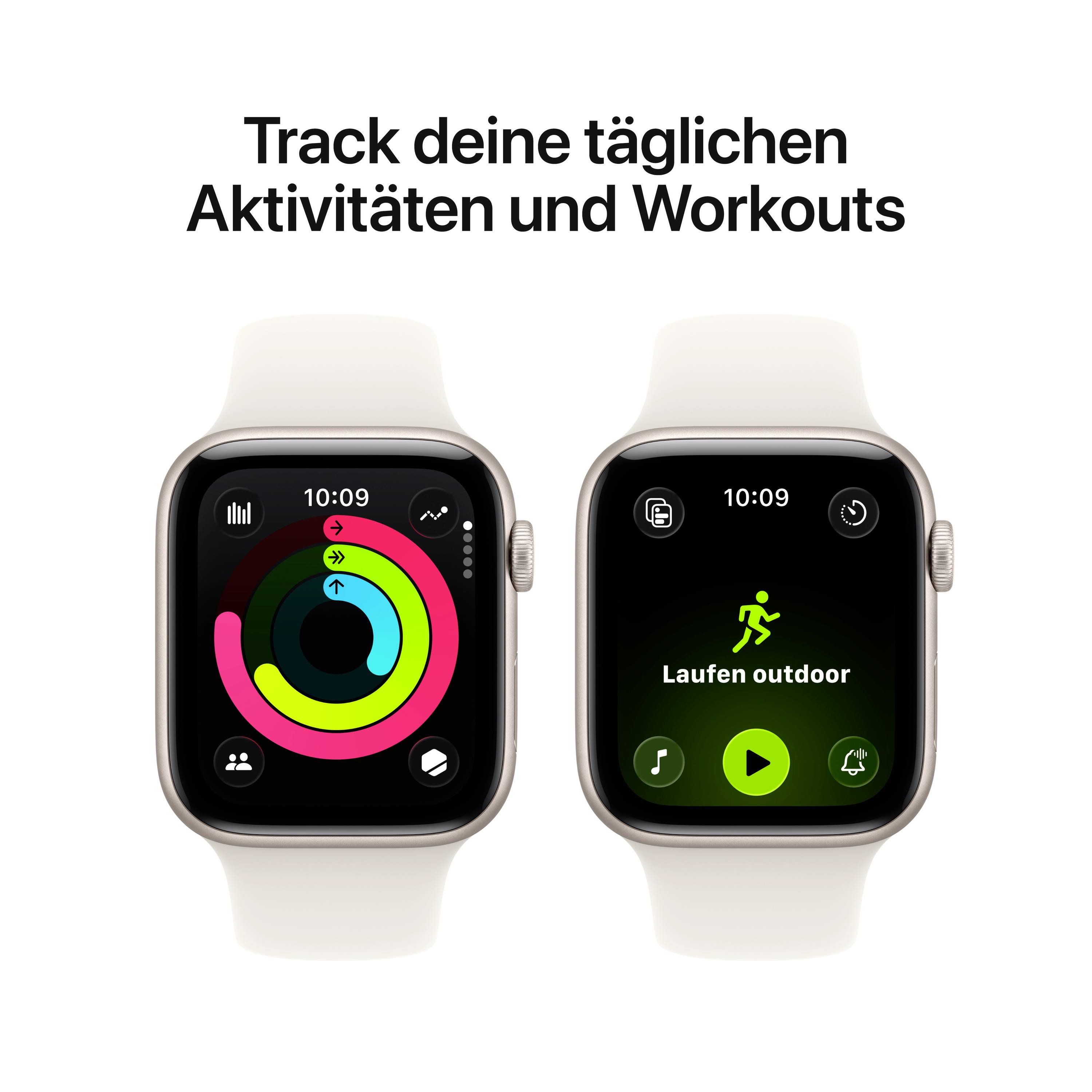 Zwei Smartwatch-Displays: links zeigt ein Aktivitätsring, rechts steht 'Laufen outdoor' mit einem Laufsymbol. Text: 'Track deine täglichen Aktivitäten und Workouts'.