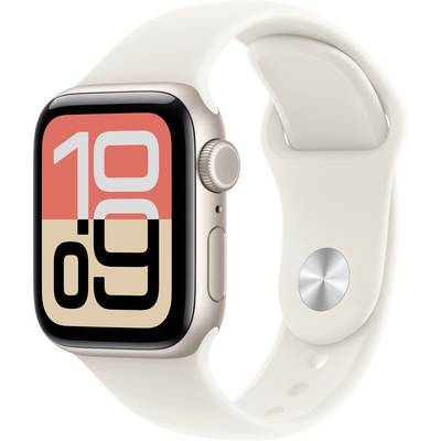 Schlanke, moderne Smartwatch mit einem beigen Band, die ein markantes rotes und beiges numerisches Zifferblatt mit der Zeit 10:09 zeigt.