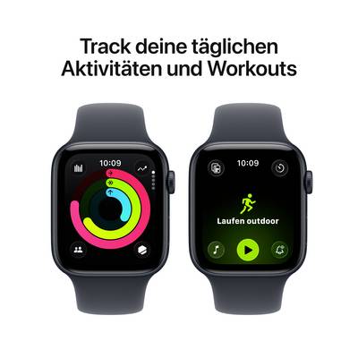 Zwei Smartwatch-Bildschirme zeigen Aktivitätsringe und 'Laufen outdoor'. Text oben: 'Track deine täglichen Aktivitäten und Workouts'.
