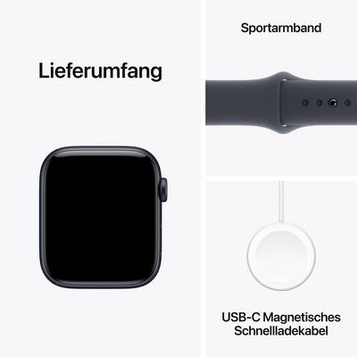 'Lieferumfang' Bild zeigt eine Smartwatch, ein Sportarmband und ein USB-C Magnetisches Schnellladekabel.