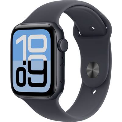 Eine Smartwatch mit einem großen digitalen Display, das die Uhrzeit '10:09' in Blau und Schwarz anzeigt, mit einem dunklen Armband und elegantem Design.