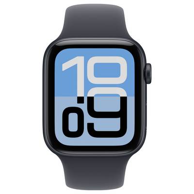 Eine Smartwatch mit einem großen digitalen Display zeigt '10:09' in fetten schwarzen und weißen Ziffern über einem blauen Hintergrund.