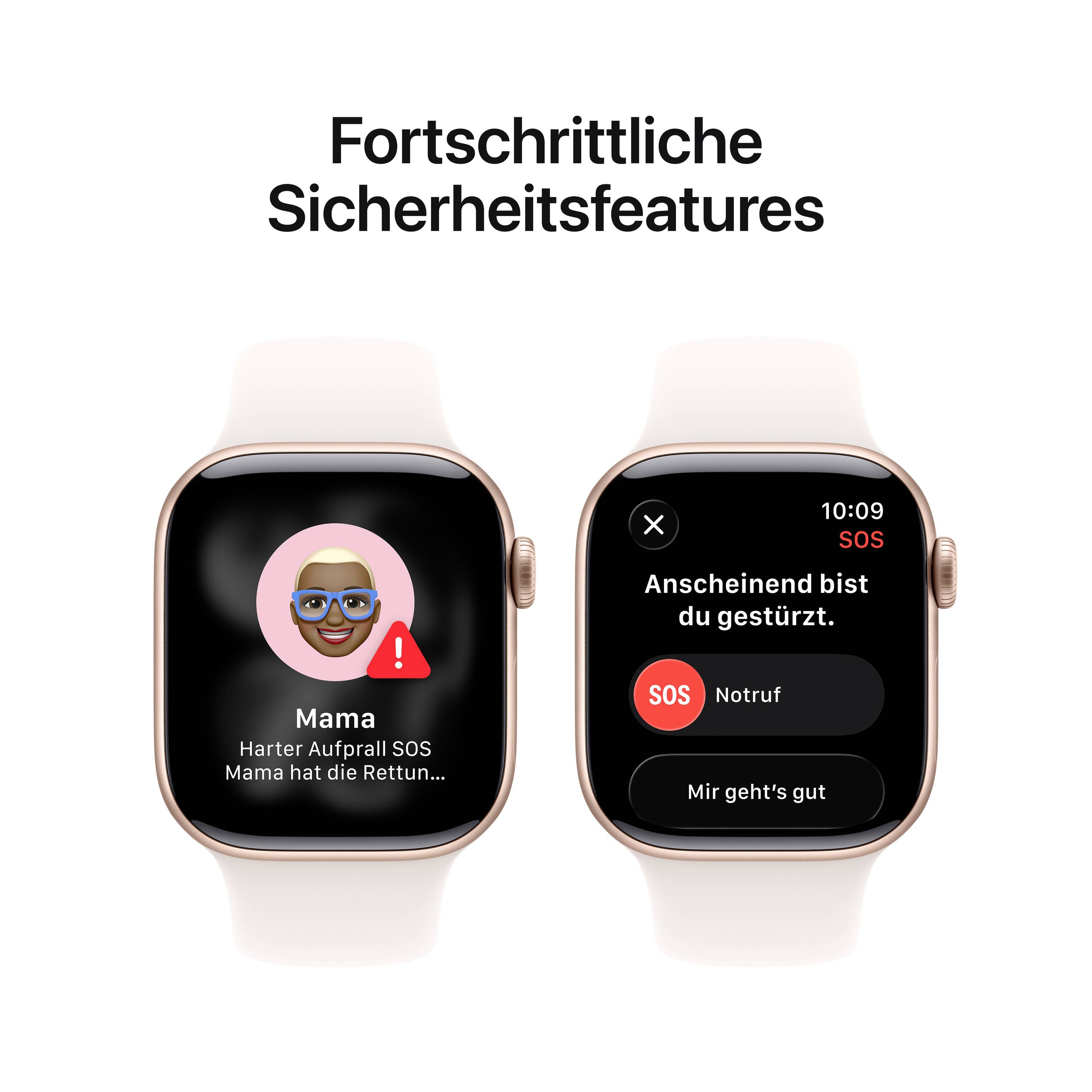 Zwei Smartwatch-Displays: Linke zeigt 'Mama' mit SOS-Symbol, rechte zeigt Crash-Erkennung mit Optionen 'Notruf' und 'Mir geht's gut'.
