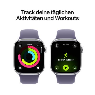 Zwei Smartwatch-Bildschirme: Links zeigt Farbringe für Aktivitätstracking, rechts eine Lauf-App mit grünem Icon und 'Laufen outdoor'.