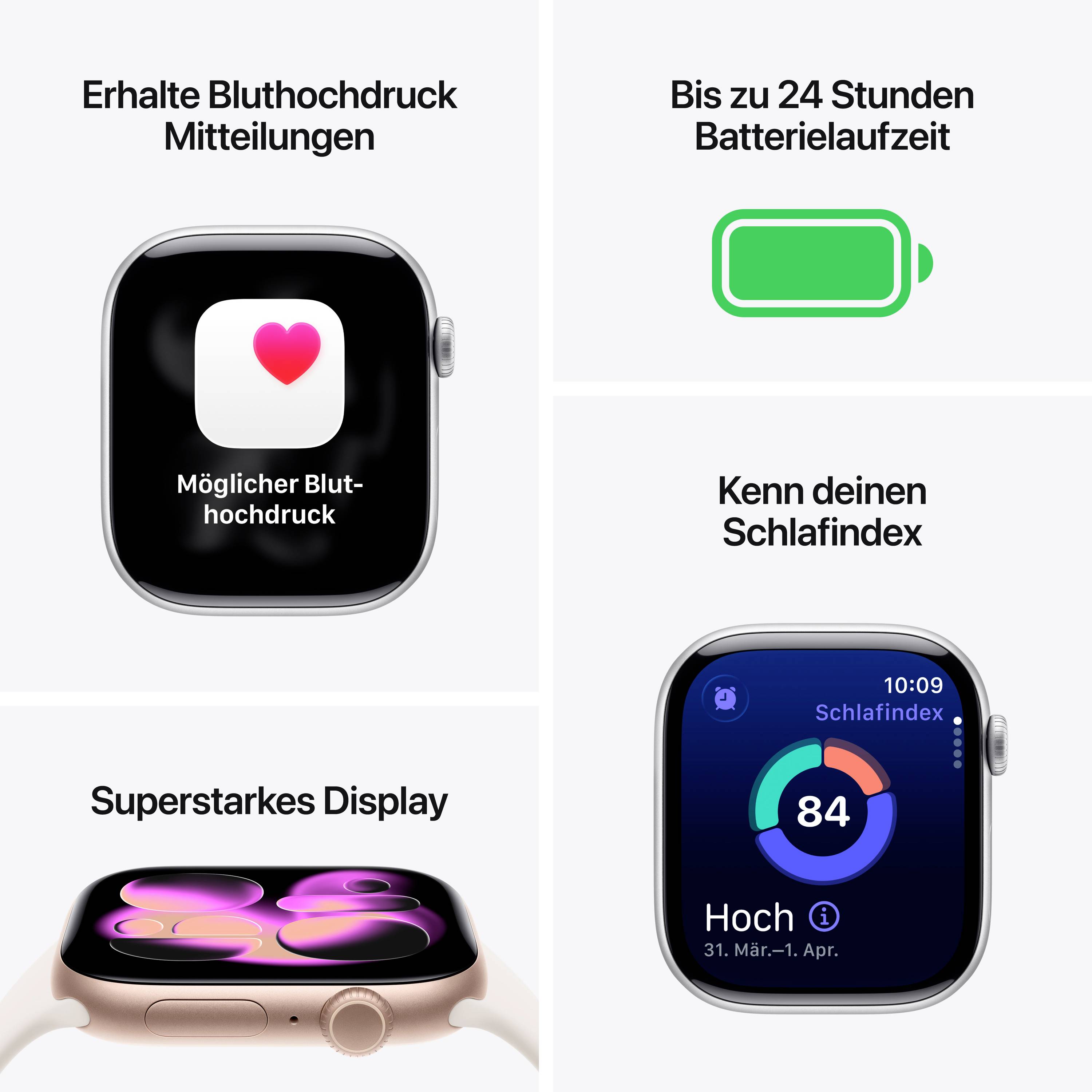 Smartwatch mit Funktionen: 'Blutdrucküberwachung', 'Batterielaufzeit bis zu 24 Stunden', 'Hoher Schlafindex' und 'Superstarkes Display'.