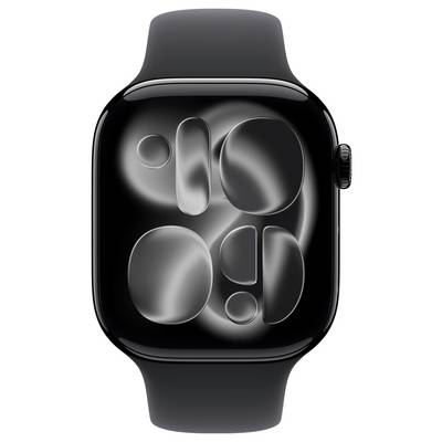 Eine elegante schwarze Smartwatch mit einem reflektierenden, abstrakten Design auf dem Bildschirm, die einen modernen und minimalistischen Stil präsentiert.