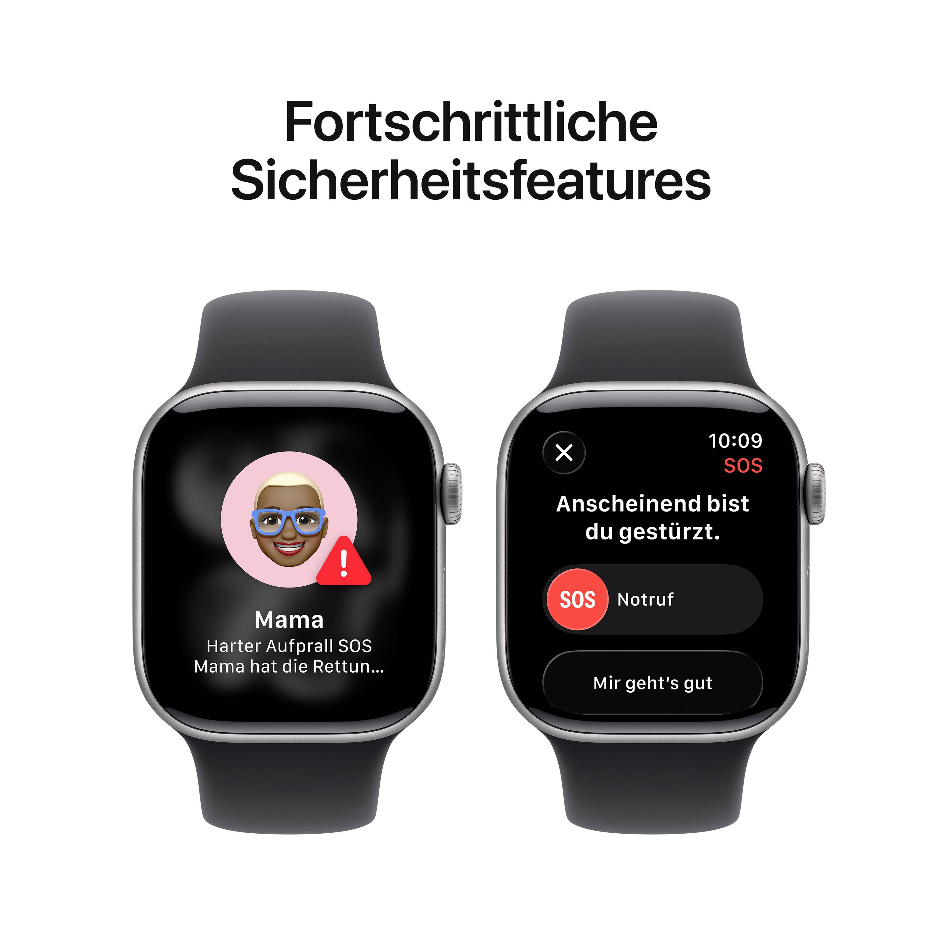 Zwei Smartwatch-Bildschirme zeigen eine SOS-Benachrichtigung mit Notrufoptionen an. Text oben: 'Fortschrittliche Sicherheitsfeatures'.