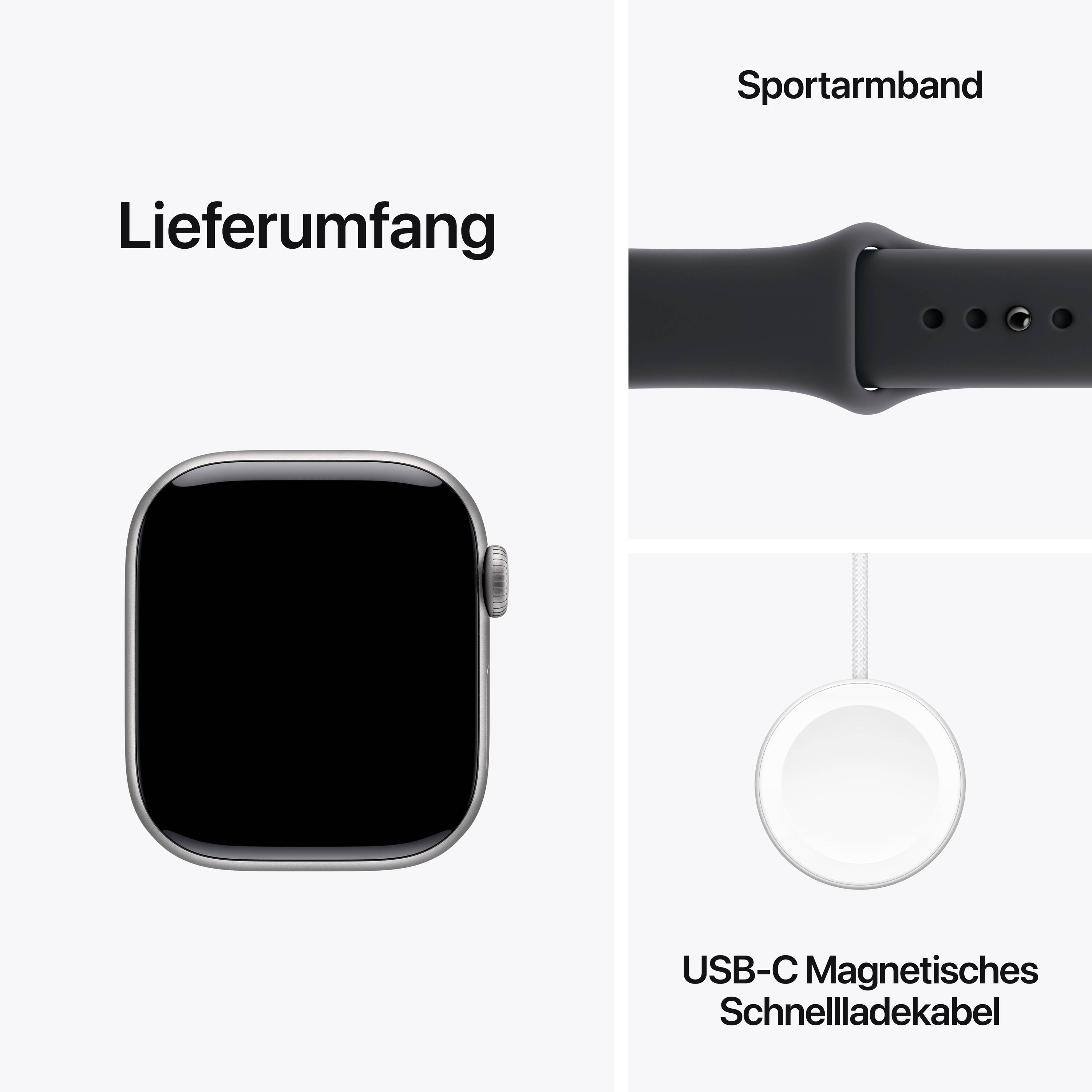 Eine Smartwatch mit schwarzem Sportarmband und einem USB-C Magnetisches Schnellladekabel. Text: 'Lieferumfang'.