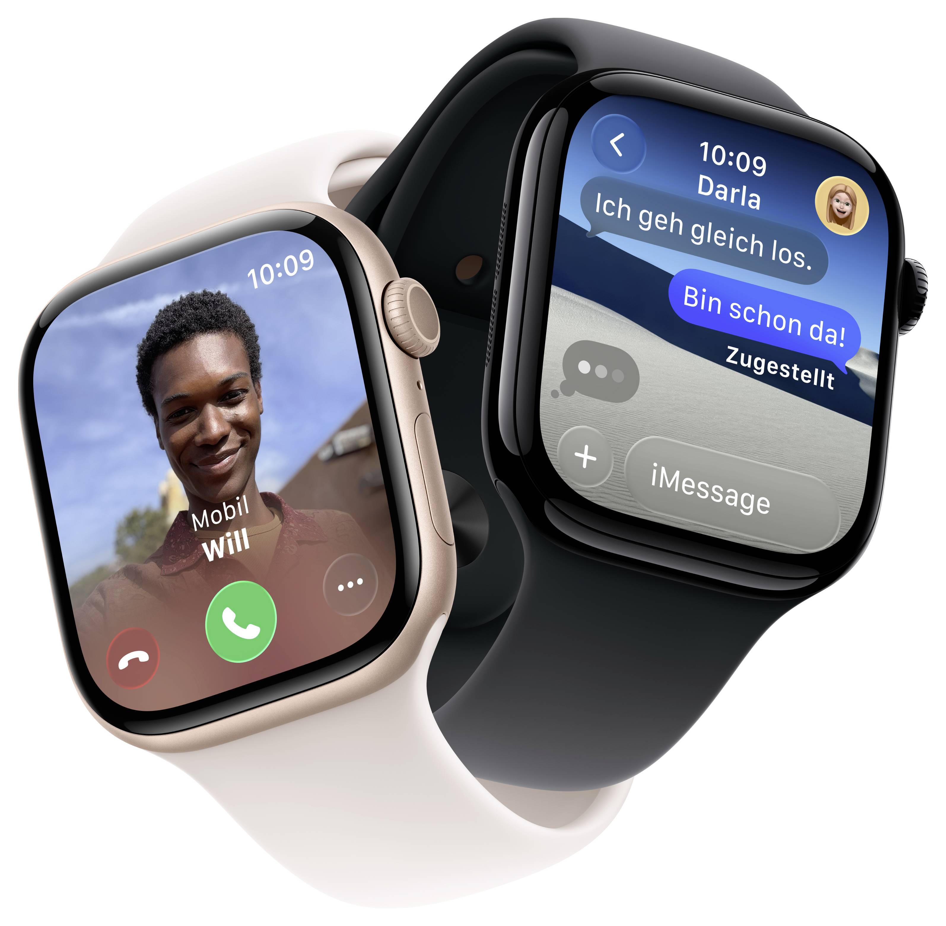 Zwei Smartwatches mit Bildschirmen, die einen Videoanruf und eine Messaging-App zeigen. Eine zeigt eine lächelnde Person, die andere zeigt Textnachrichten.