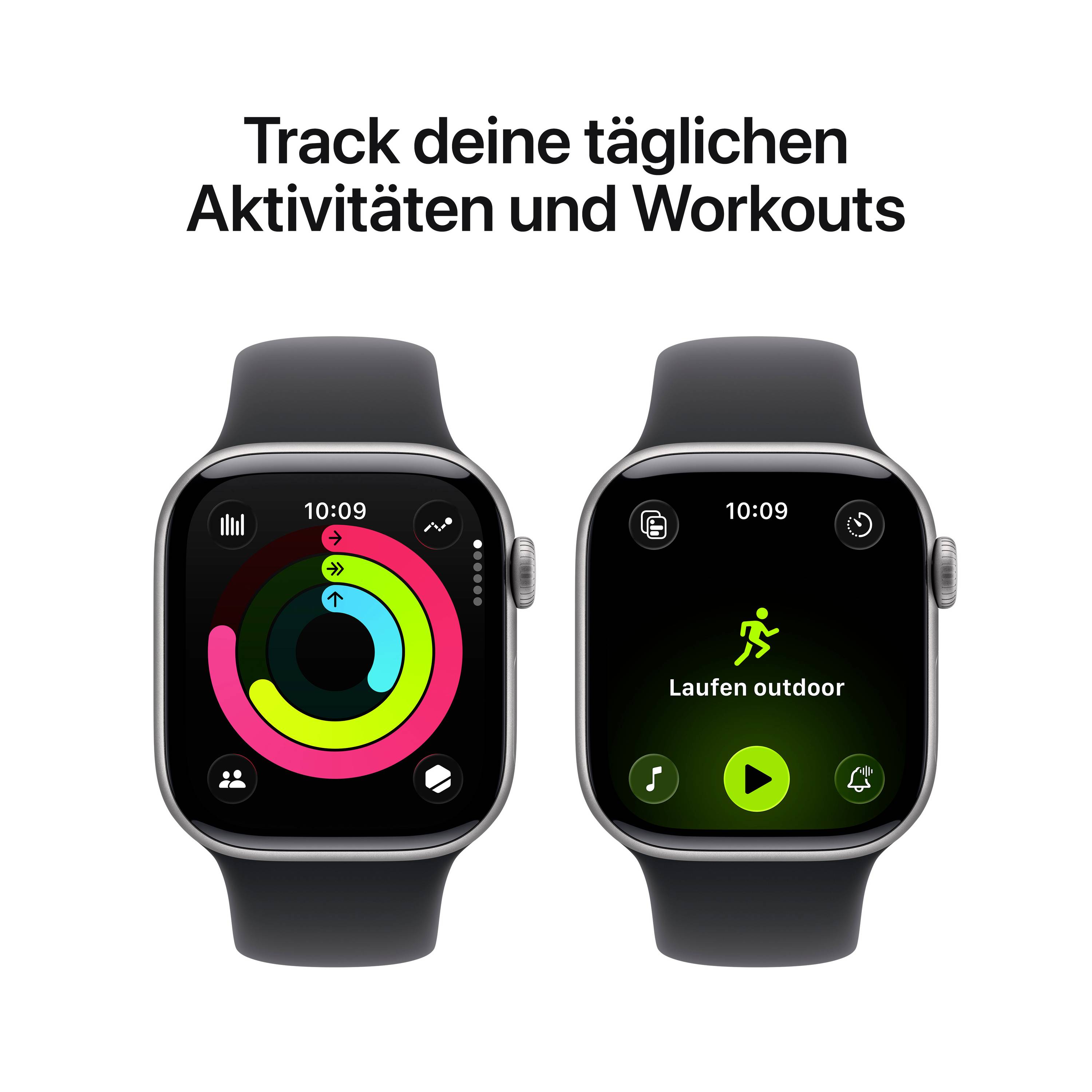 Zwei Smartwatch-Displays: Links zeigt Aktivitätsringe, rechts zeigt 'Laufen outdoor'-App mit Icon. Text: 'Track deine täglichen Aktivitäten und Workouts'.