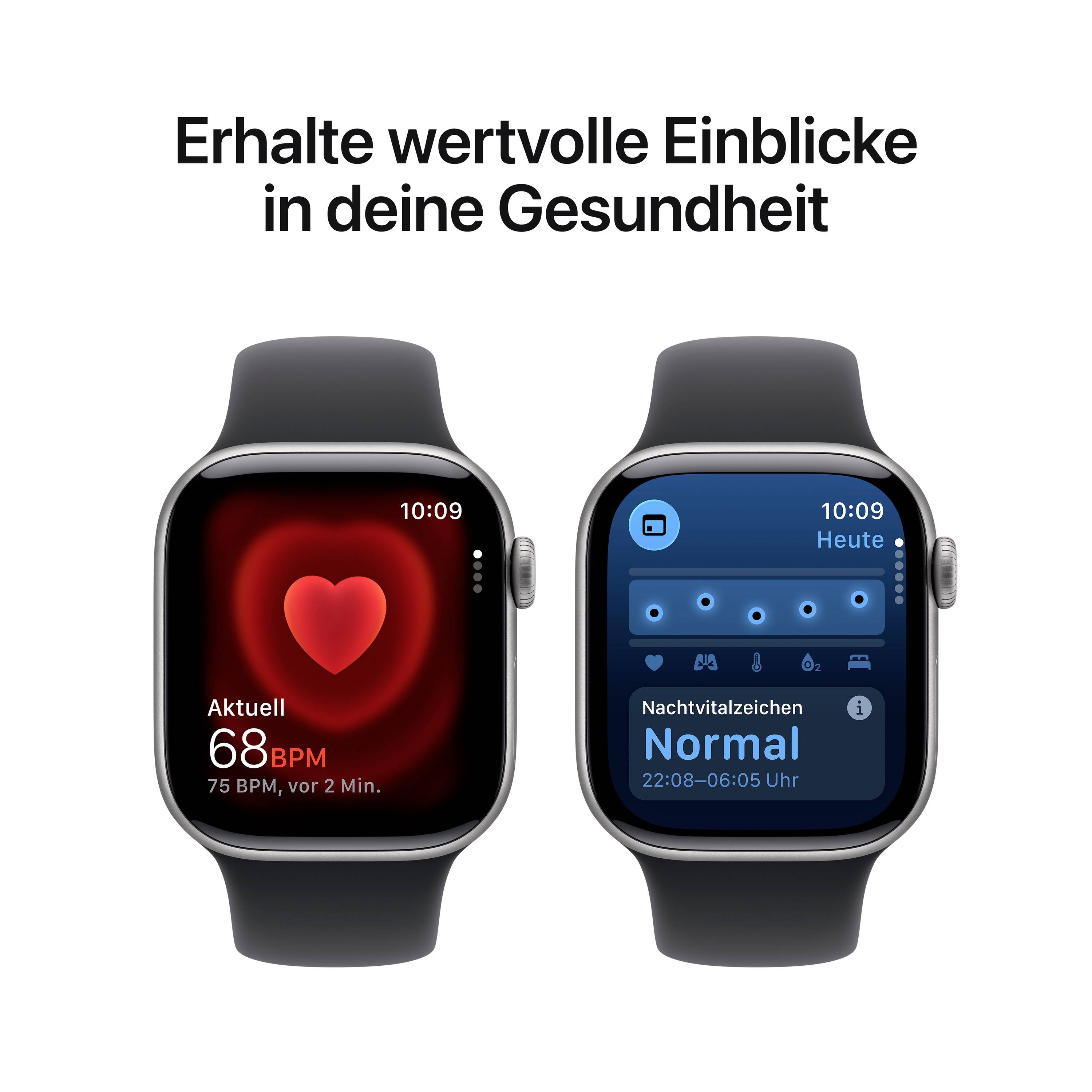 Zwei Smartwatches zeigen Gesundheitsdaten: links Herzfrequenz von 68 BPM, rechts Normalstatus für Nachtvitalzeichen, mit Text 'Erhalte wertvolle Einblicke in deine Gesundheit'.