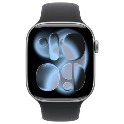 Eine Smartwatch mit einem dunklen Armband, die auf dem Bildschirm ein abstraktes blaues Design zeigt.