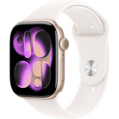 Eine Smartwatch mit einem weißen Armband, die auf dem Bildschirm eine farbenfrohe, abstrakte digitale Anzeige zeigt.
