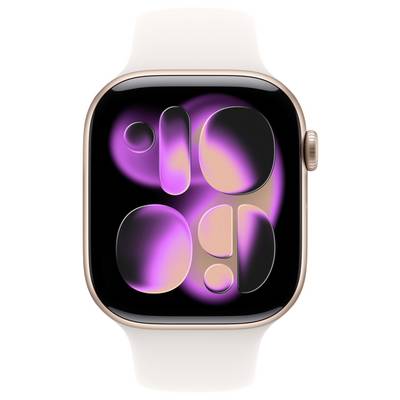Eine Smartwatch mit einer rosa und lila abstrakten digitalen Anzeige auf dem Bildschirm. Die Uhr hat einen goldenen Rahmen und ein weißes Armband.