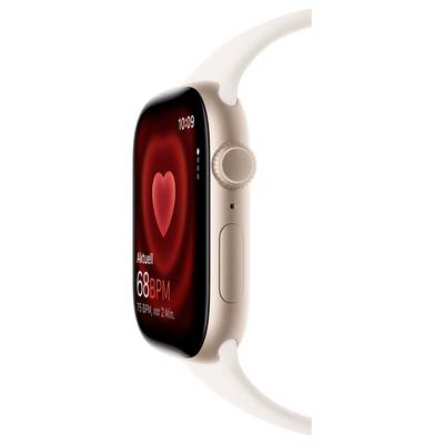Eine Smartwatch mit einem weißen Armband zeigt eine Herzfrequenz von 68 bpm und die Zeit 10:09 an. Der Bildschirm enthält ein Herzicon und den Text 'Aktuell'.