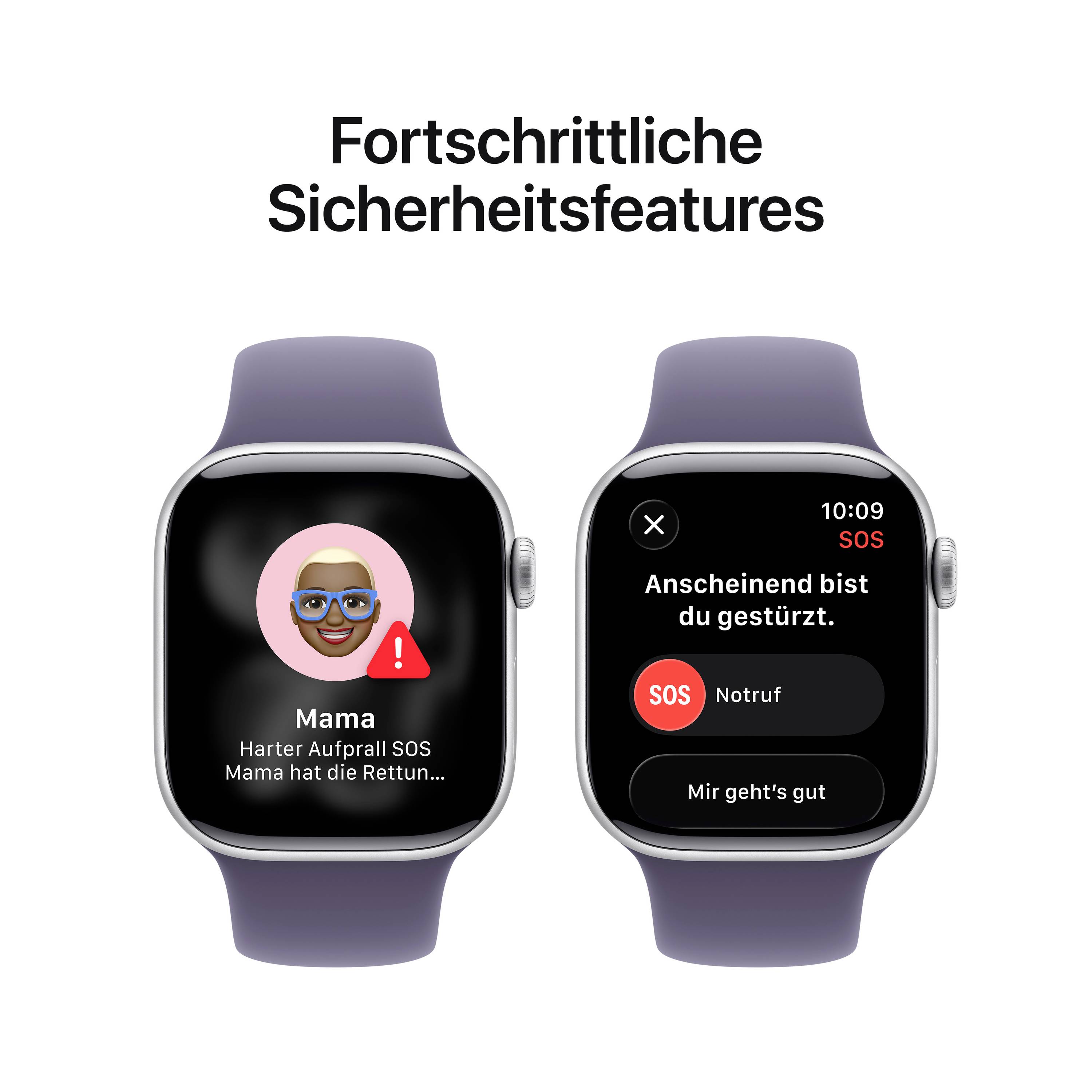 Zwei Smartwatches mit Notfallwarnungen. Links: Kontakt 'Mama' informiert. Rechts: Nachricht 'Anscheinend bist du gestürzt' mit SOS-Option.