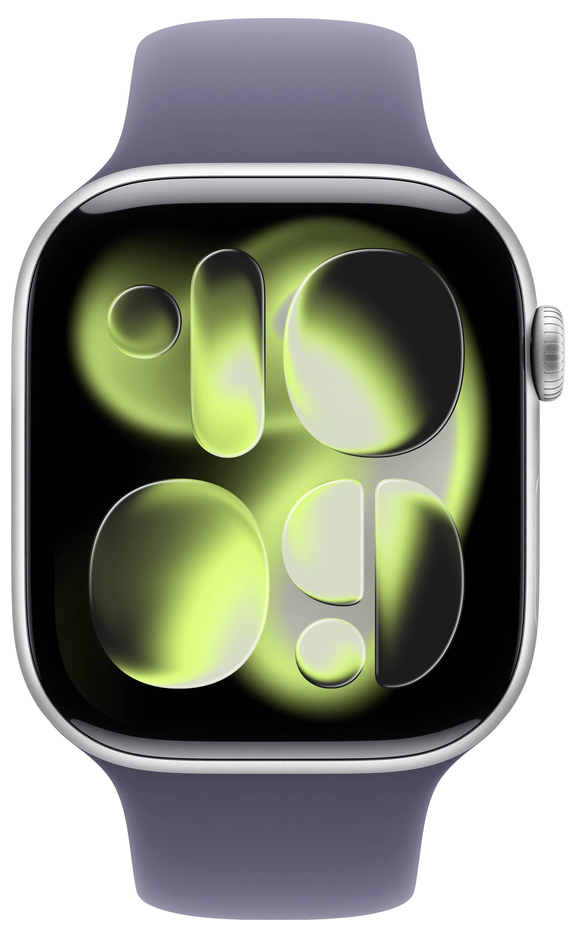 Eine Smartwatch mit einem dunklen Bildschirm, auf dem abstrakte neongrüne Formen dargestellt werden. Die Uhr hat einen silbernen Rahmen und ein dunkles Armband.