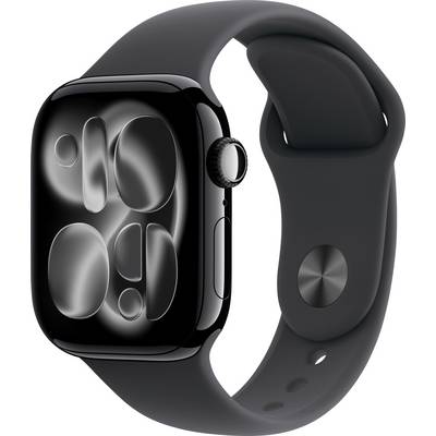 Eine schwarze Smartwatch mit einem dunklen Armband, die ein abgerundetes rechteckiges Gehäuse und eine digitale Krone an der Seite besitzt. Der Bildschirm zeigt abstrakte Formen.